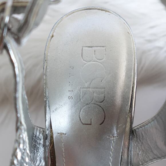 BCBG Paris Metallic Silver Faux Leather Woven Rope Strappy Cork Open Toe Wedges - Picture 12 of 15